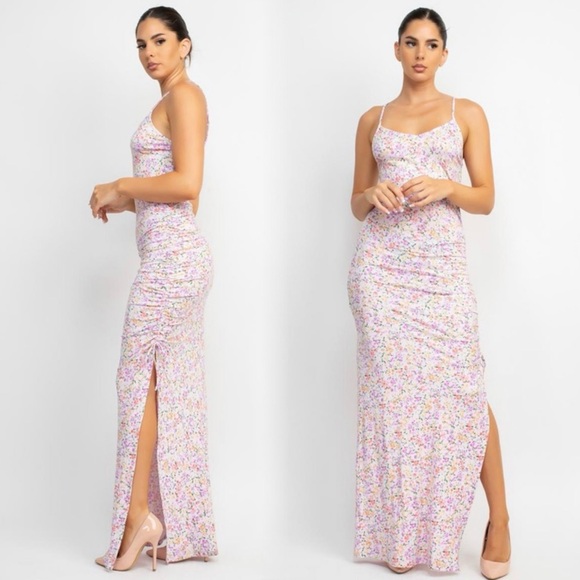 Dresses & Skirts - Summer Floral Maxi Dress With Slit and Ruched detail
